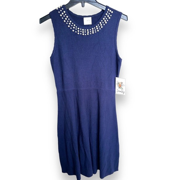 1940s Navy High Waist Retro Pearl Sleeveless Womens XL Sweater Dress - Picture 15 of 15